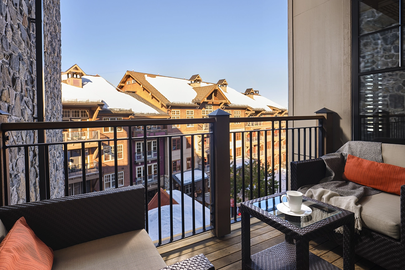 A villa balcony looks out over One Village Place