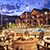 A lit up pool sits underneath a darkening sky
