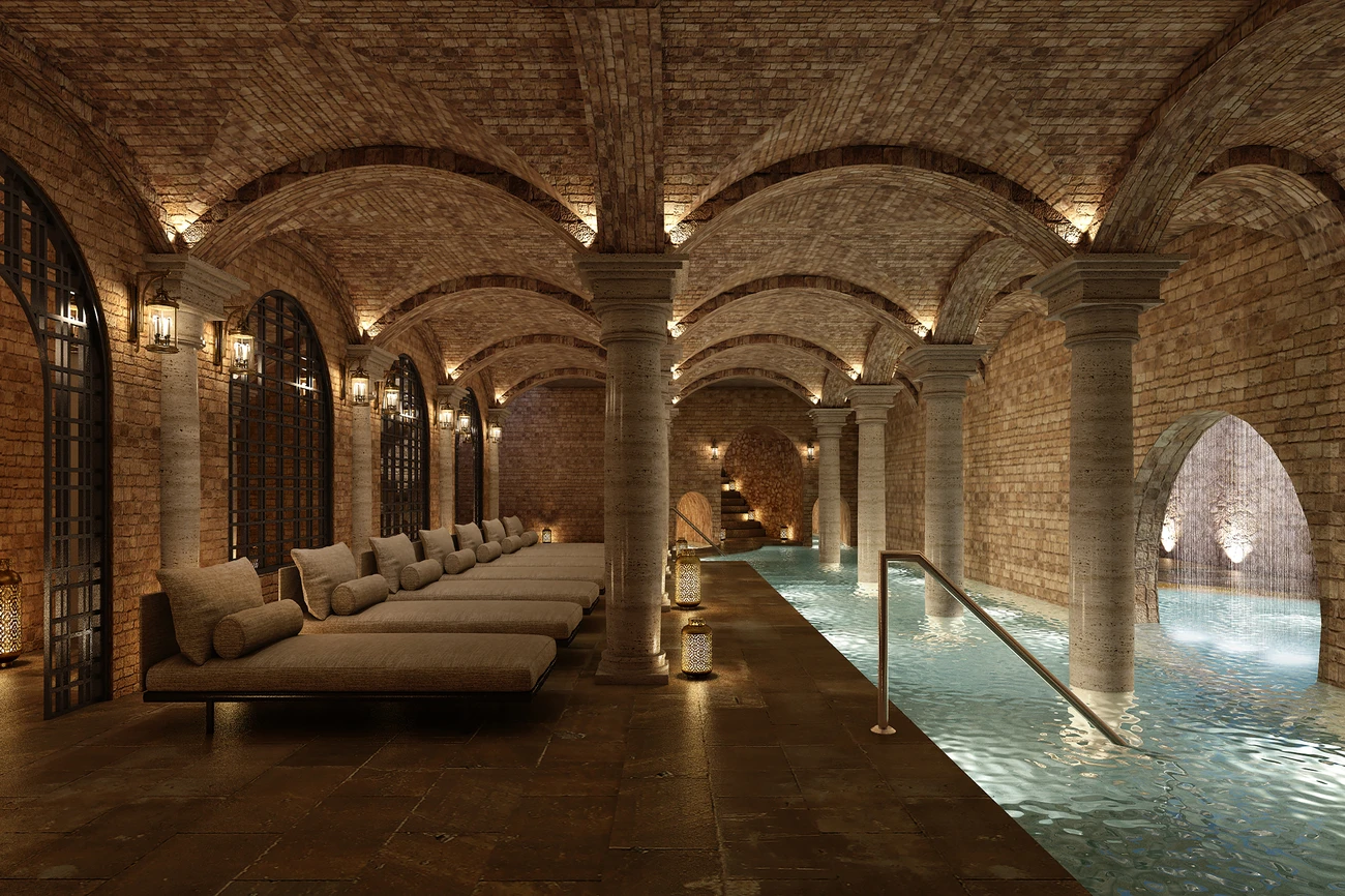 A tranquil spa interior with plush seating, soft lighting, and upscale decorative elements.