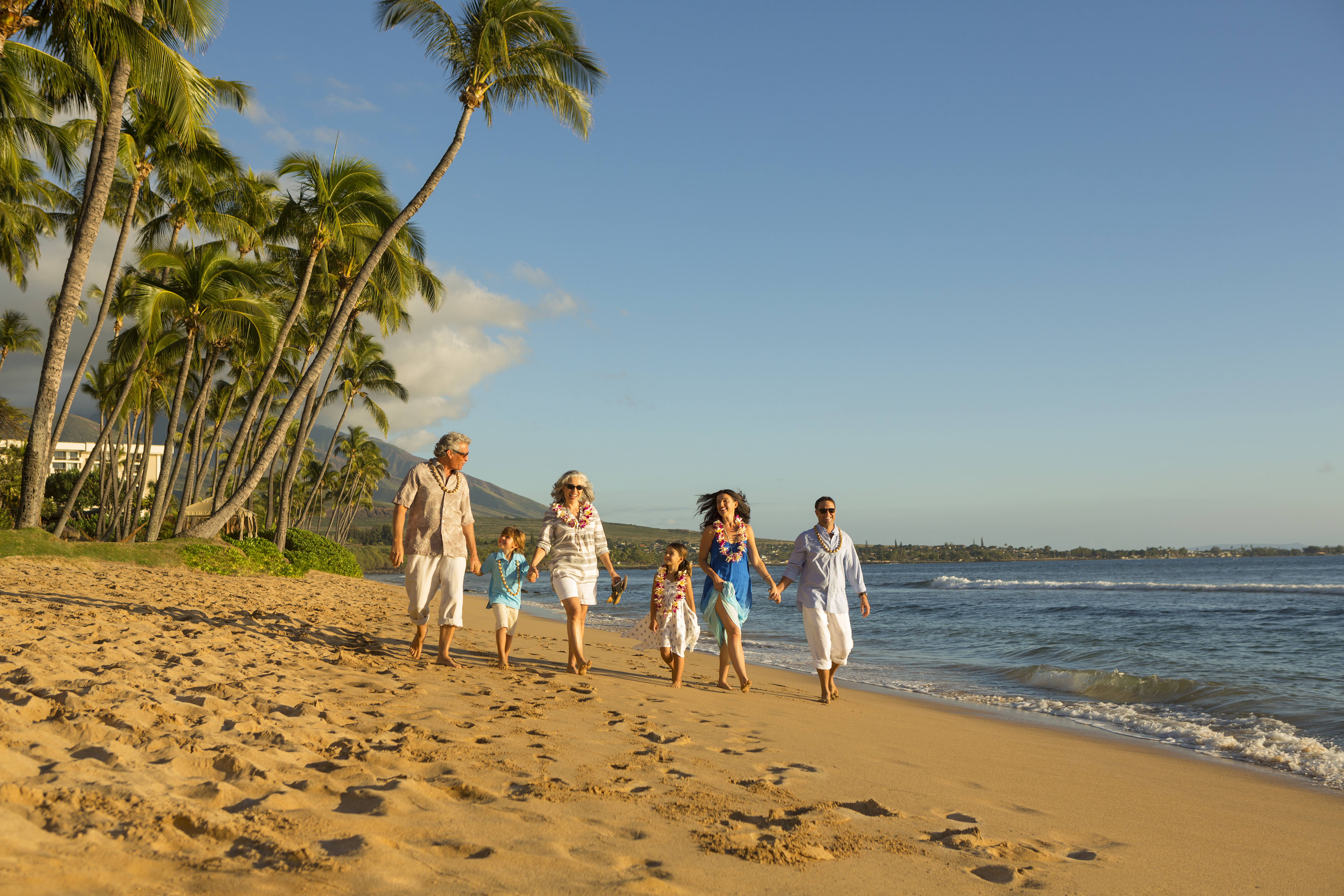 Family walking along a sandy beach lined with palm trees and a bright blue sky.