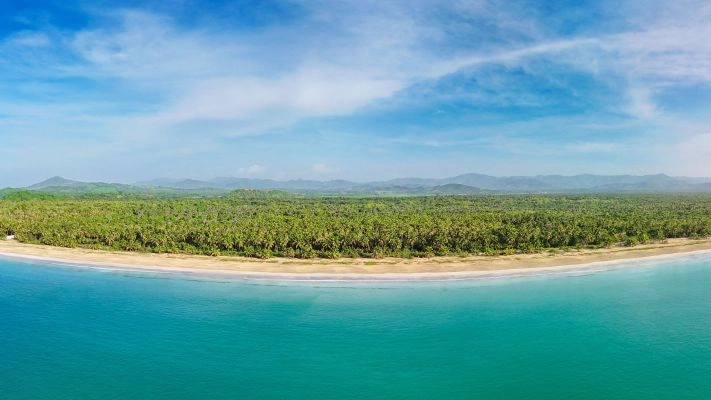 A wide panoramic view of the coastline in Miches.  