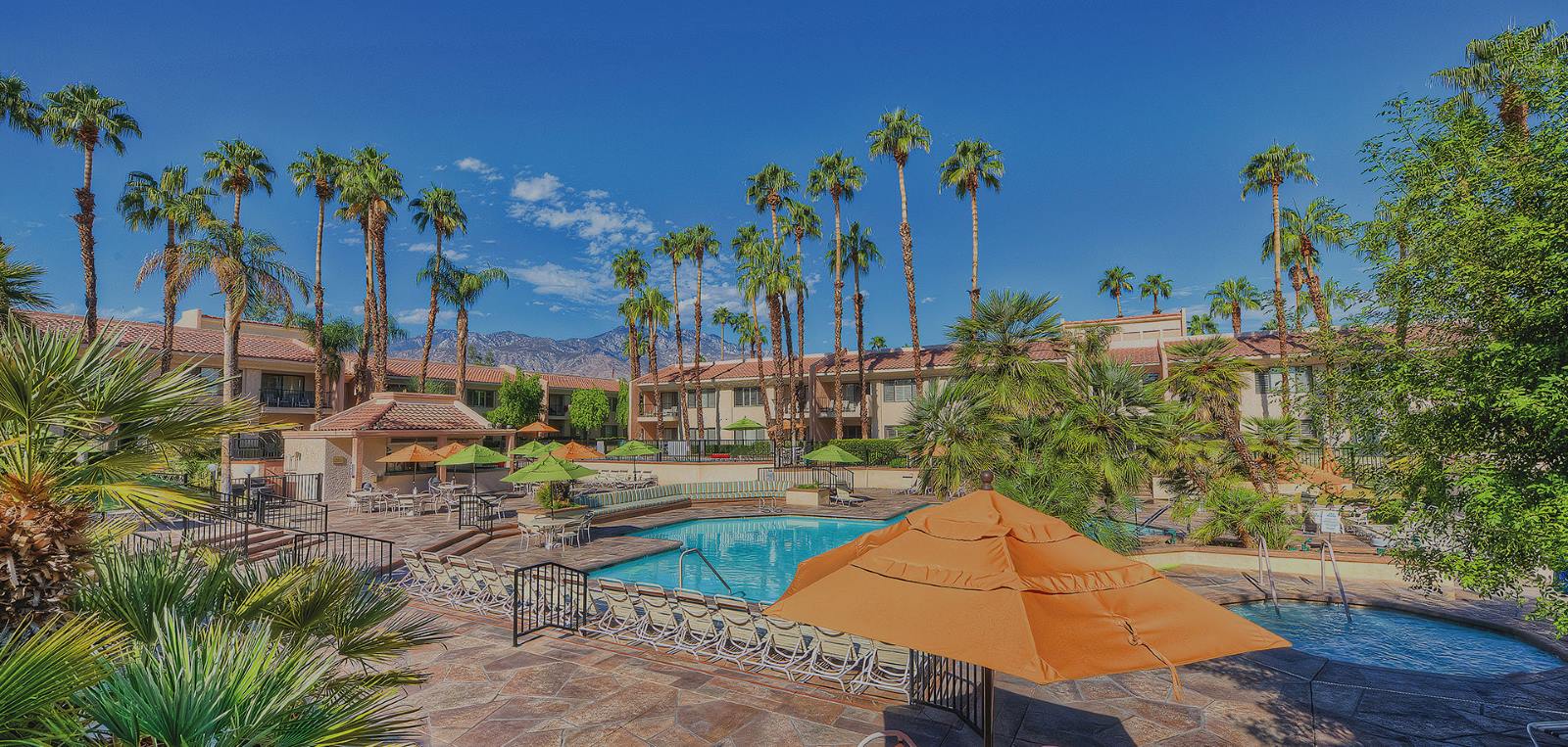 Poolside view at a resort with palm trees, lounge chairs, and tables