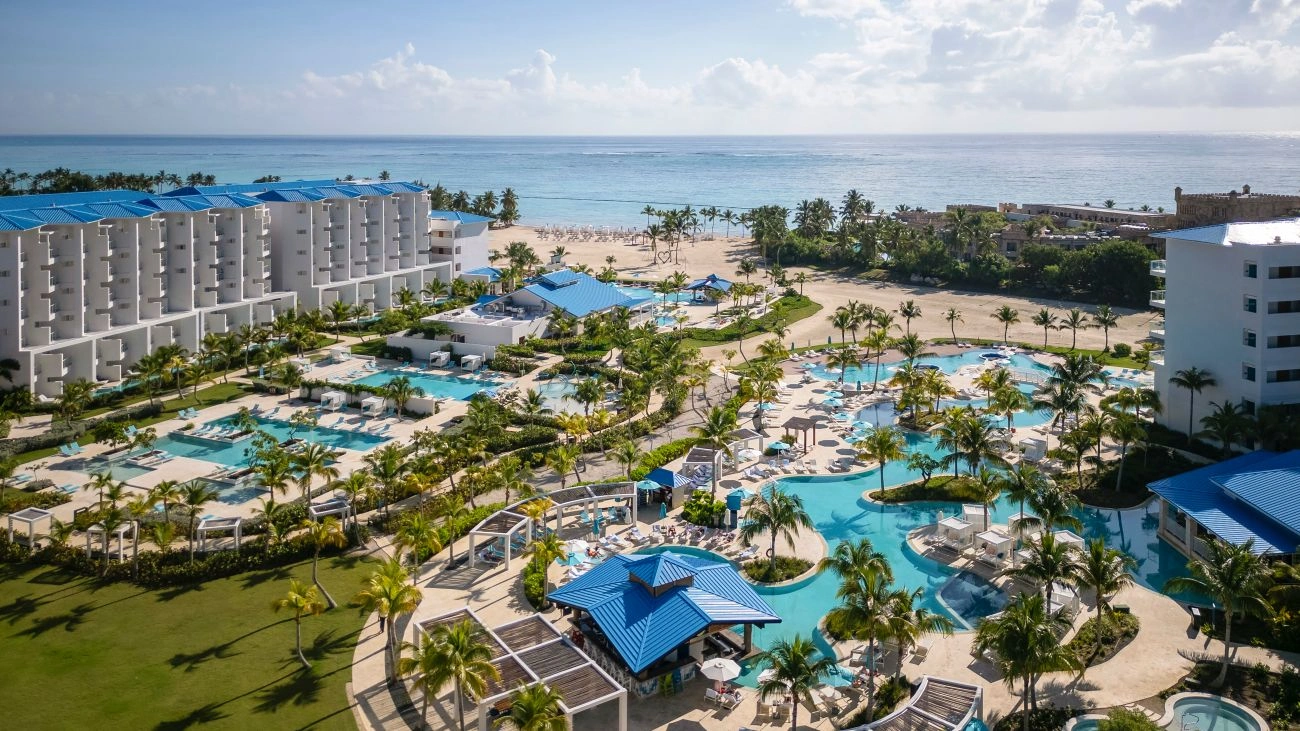 Aerial view of the tropical beachfront resort Dreams Cap Cana Resort & Spa. 
