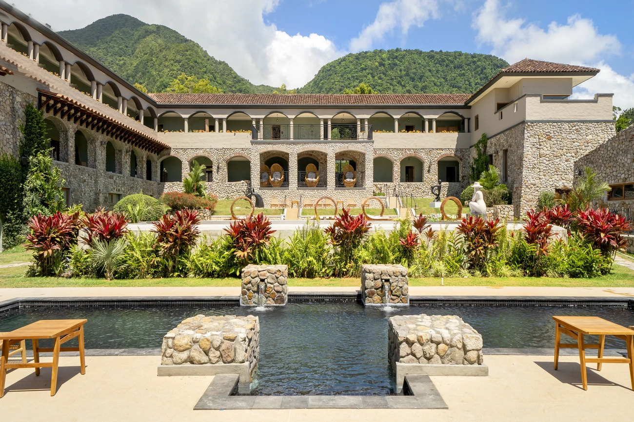 A serene swimming pool bordered by lush greenery and tall palm trees.