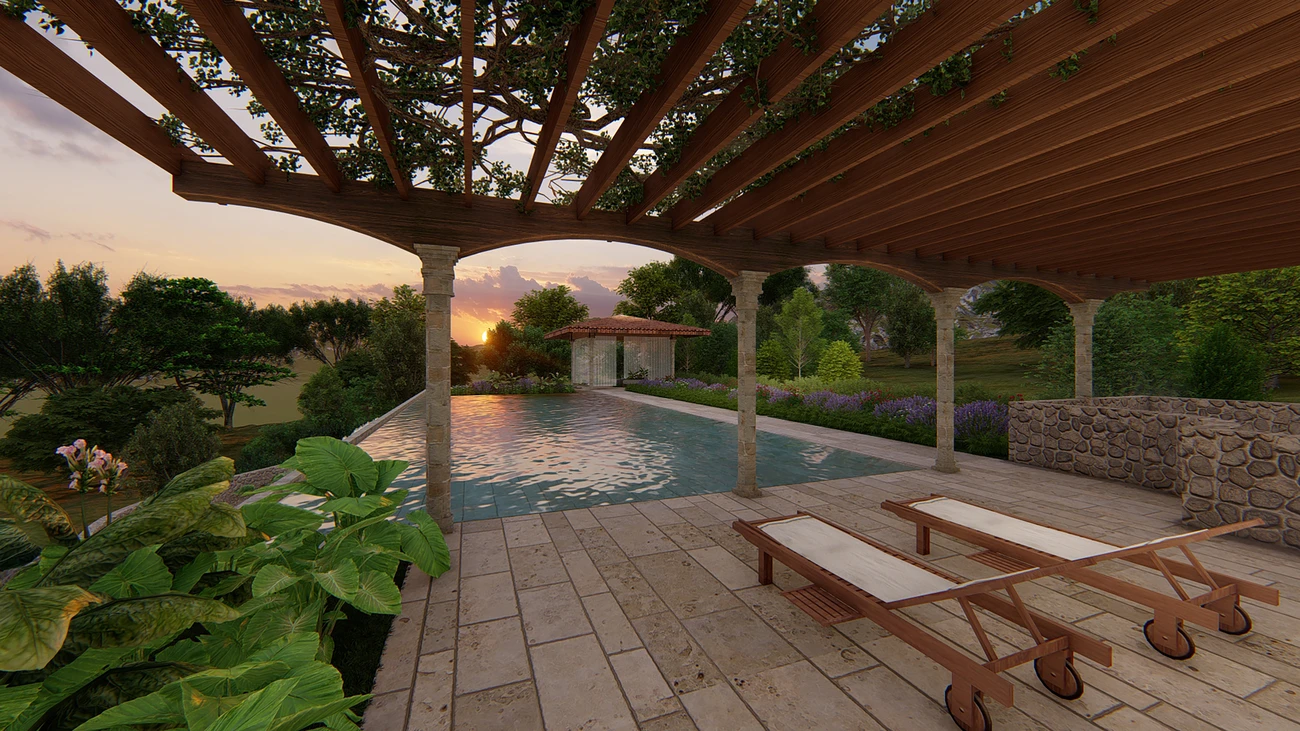 A serene swimming pool bordered by lush greenery and tall palm trees.