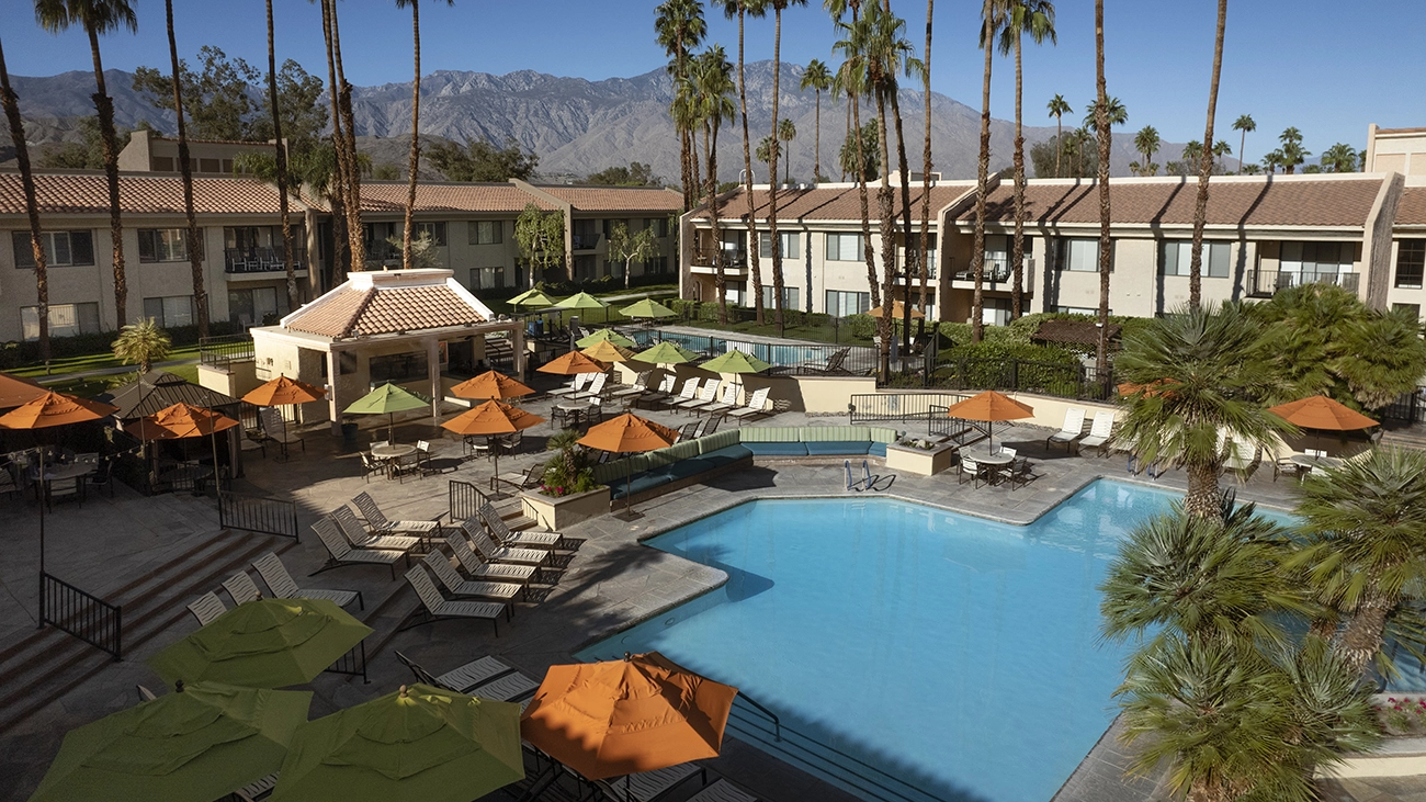The Desert Oasis resort pool deck sits in the middle of the resort