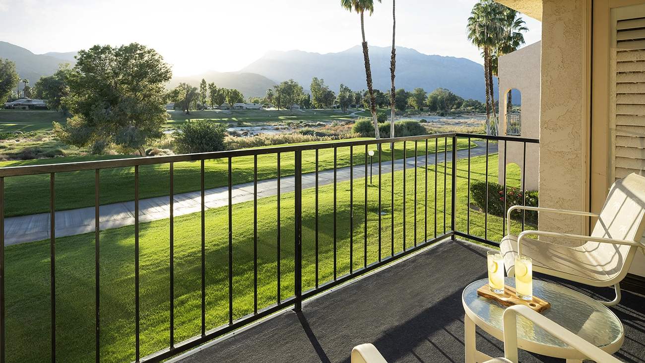 Refreshing drinks are on the outdoor patio overlooking the mountains