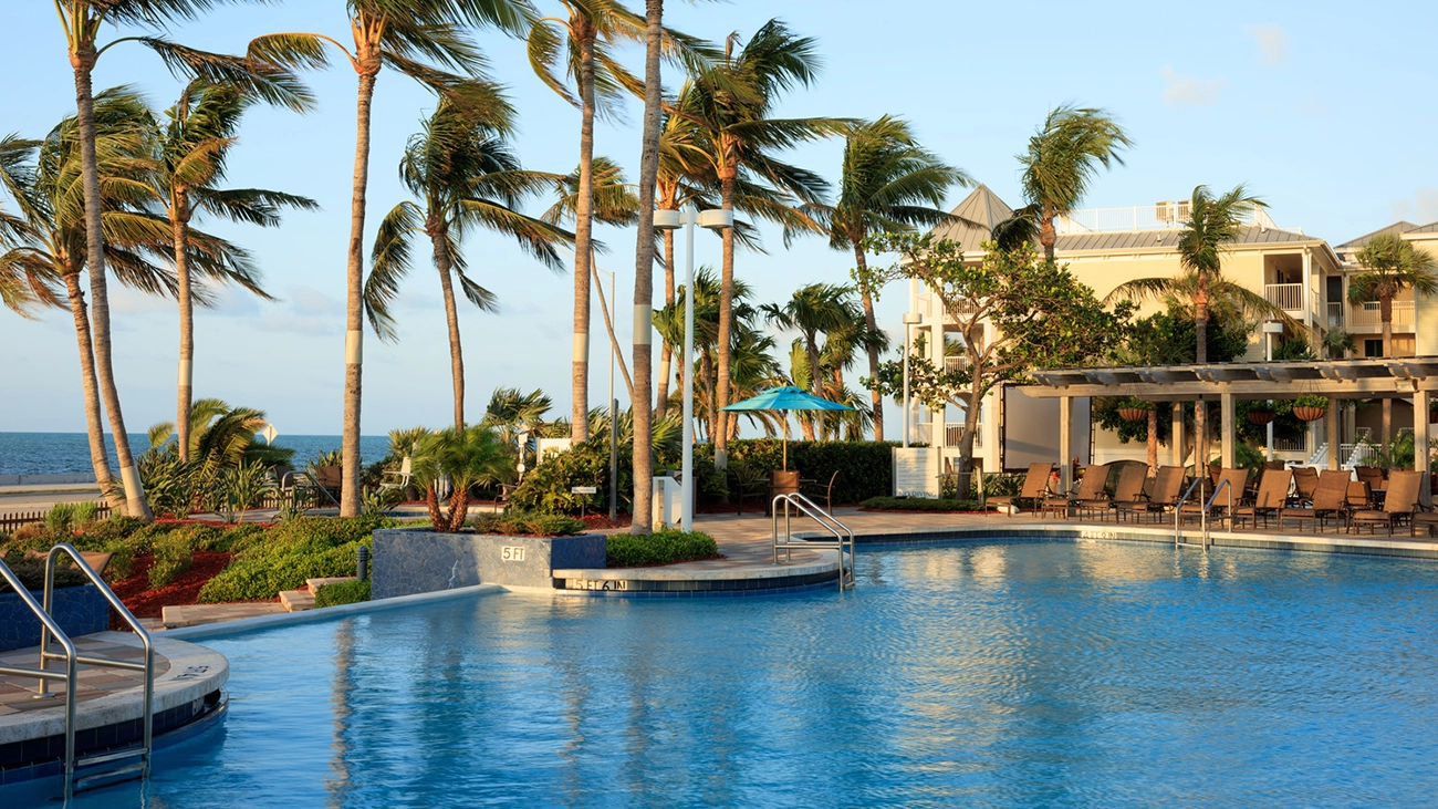 The wind gently blows palm trees in front of a resort pool
