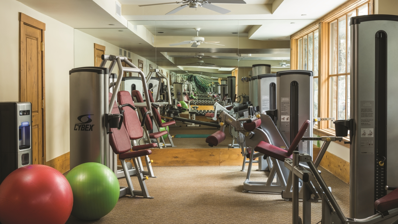Two exercise balls and weight equipment make up the fitness center