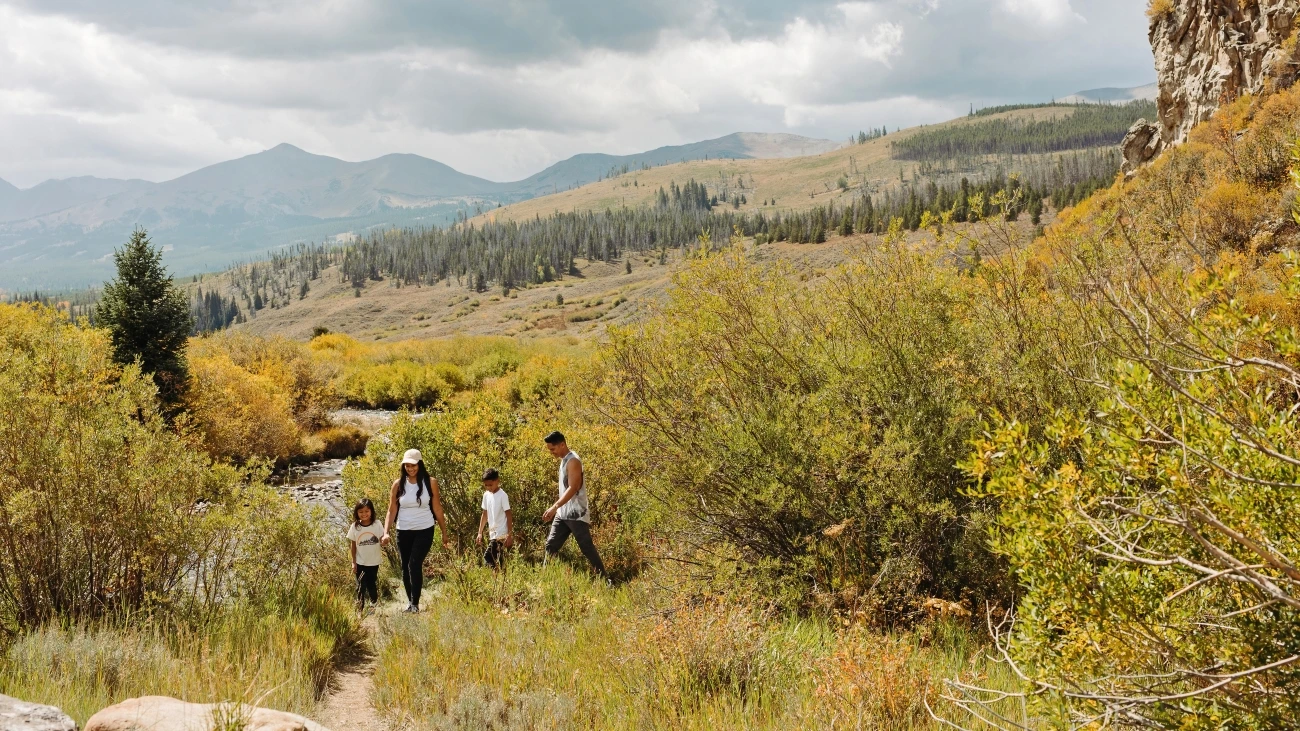A family hikes through the tall grass on the side of a mountain in summer