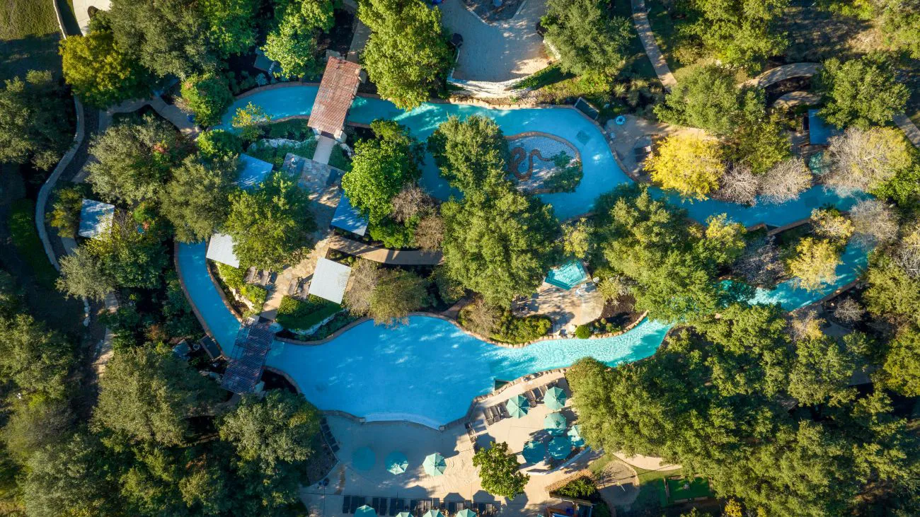 Aerial view of the pool and lazy river at Hyatt Vacation Club at Wild Oak Ranch